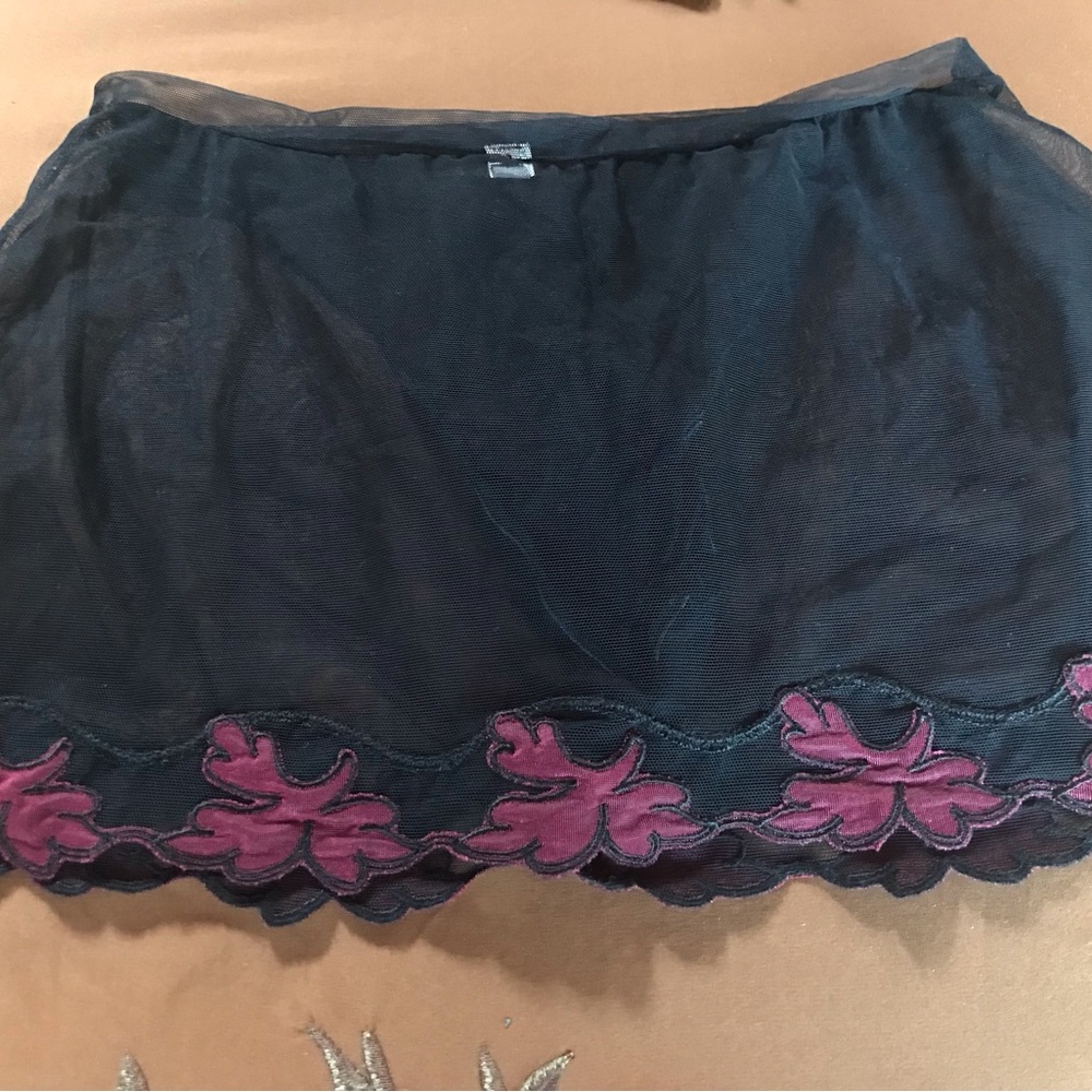 Sheer Black Mesh Panty Slip with Pink Floral Embroidery